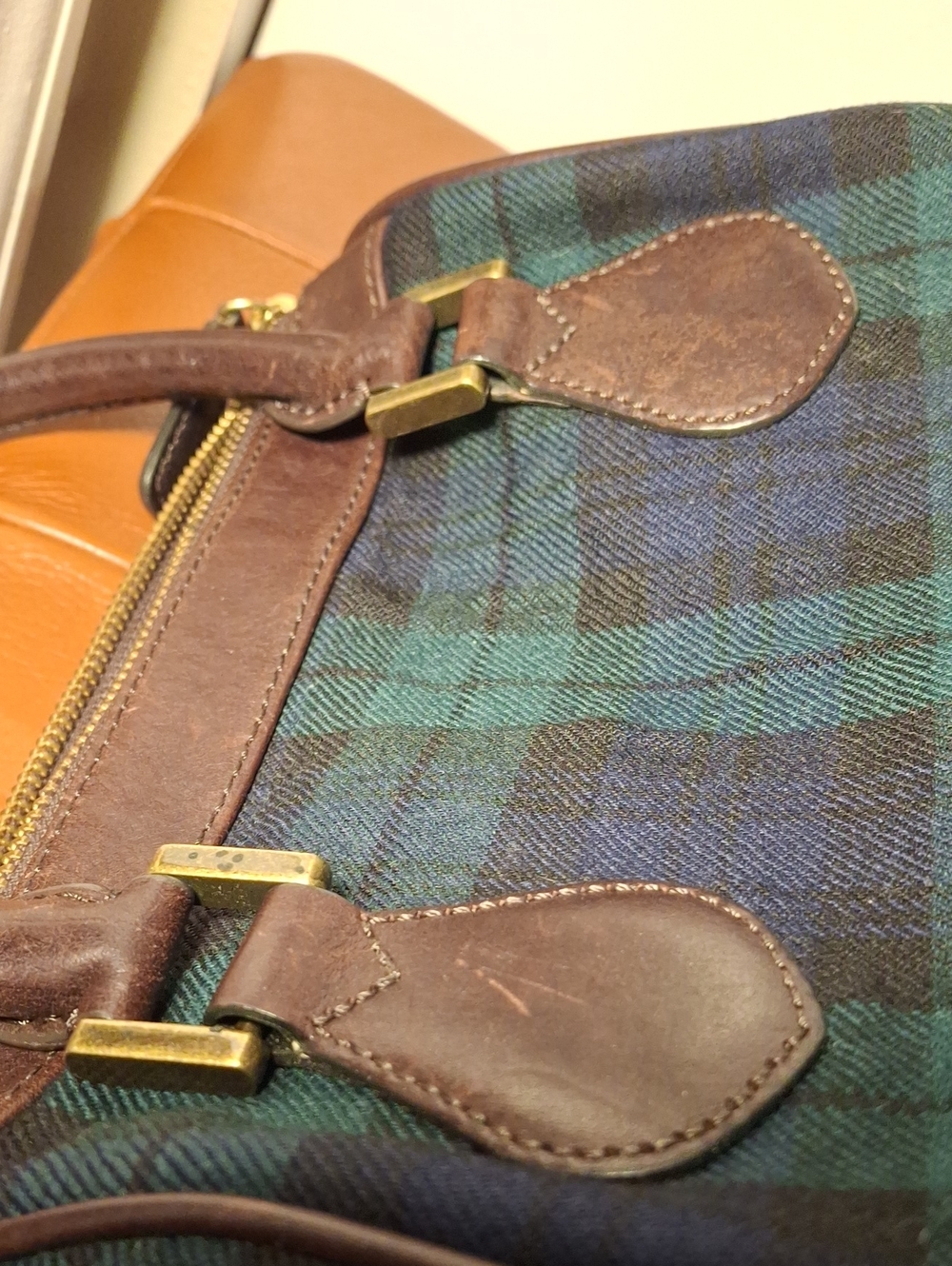 J.Crew Brown Leather-Trim Green Plaid Men’s Weekender Bag - Picture 7 of 9